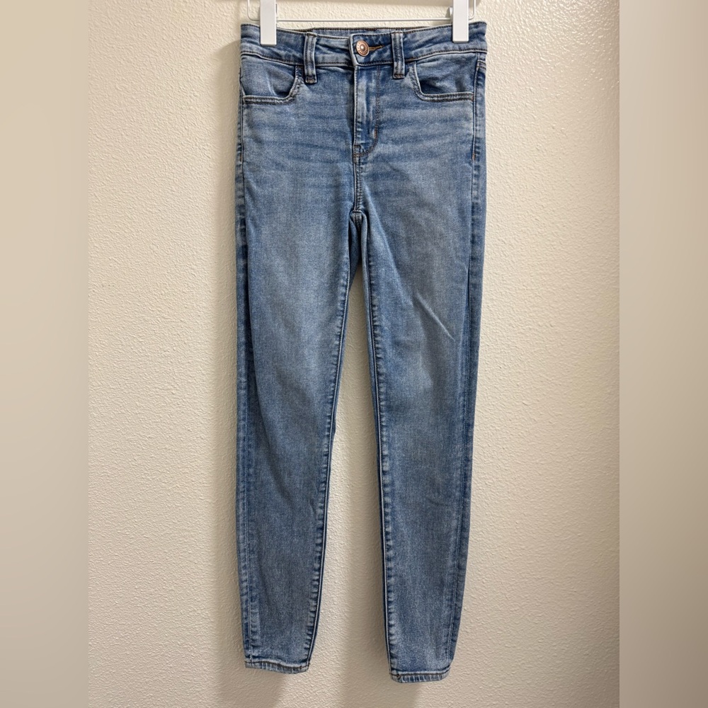 American Eagle Hi-Rise Jegging Jeans Distressed Denim Stretch Blue Womens 2